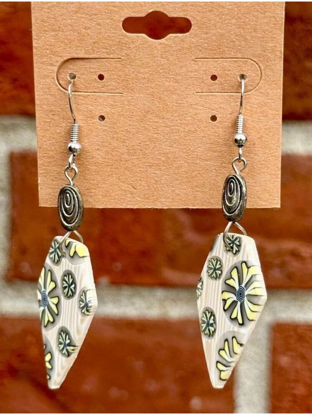 Handmade Polymer Clay Earrings Tan and Cream with Yellow and Purple Flowers - Picture 2 of 4